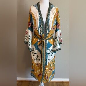 Belted Boho-Chic Kimono, Jeweled Floral Print Bell Sleeve,Jealous Tomato  Size S